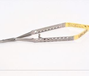17.75 round handled needle holder w/suture cutter and curved tips